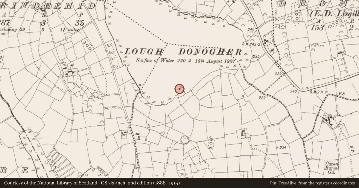Ordnance Survey six-inch map, 2nd edition (1888–1915) covering the location of Crannog, Aghalough, County Leitrim, with a pin at the register's coordinates