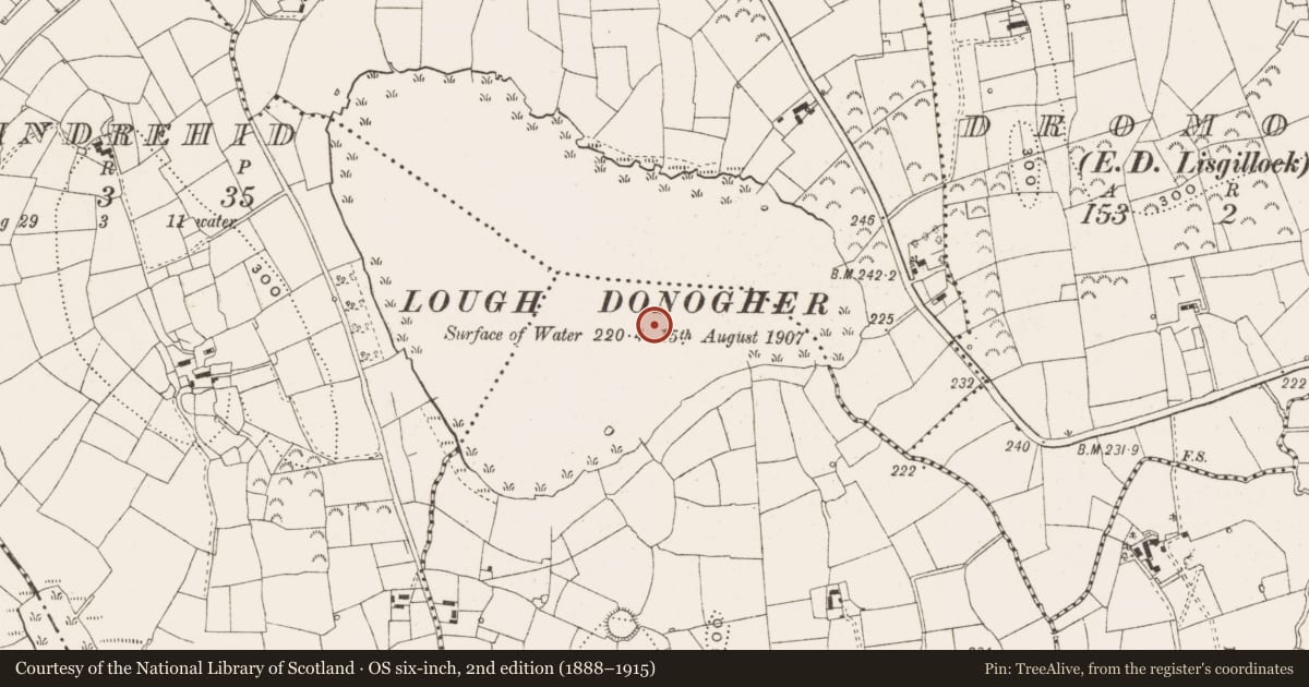 Ordnance Survey six-inch map, 2nd edition (1888–1915) covering the location of Crannog, Aghalough, County Leitrim, with a pin at the register's coordinates