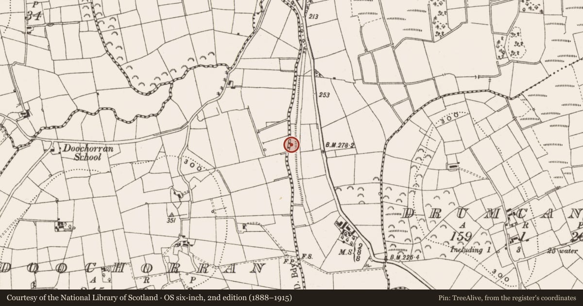 Ordnance Survey six-inch map, 2nd edition (1888–1915) covering the location of Road - road/trackway, Aghavilla, Doochorran, County Leitrim, with a pin at the register's coordinates