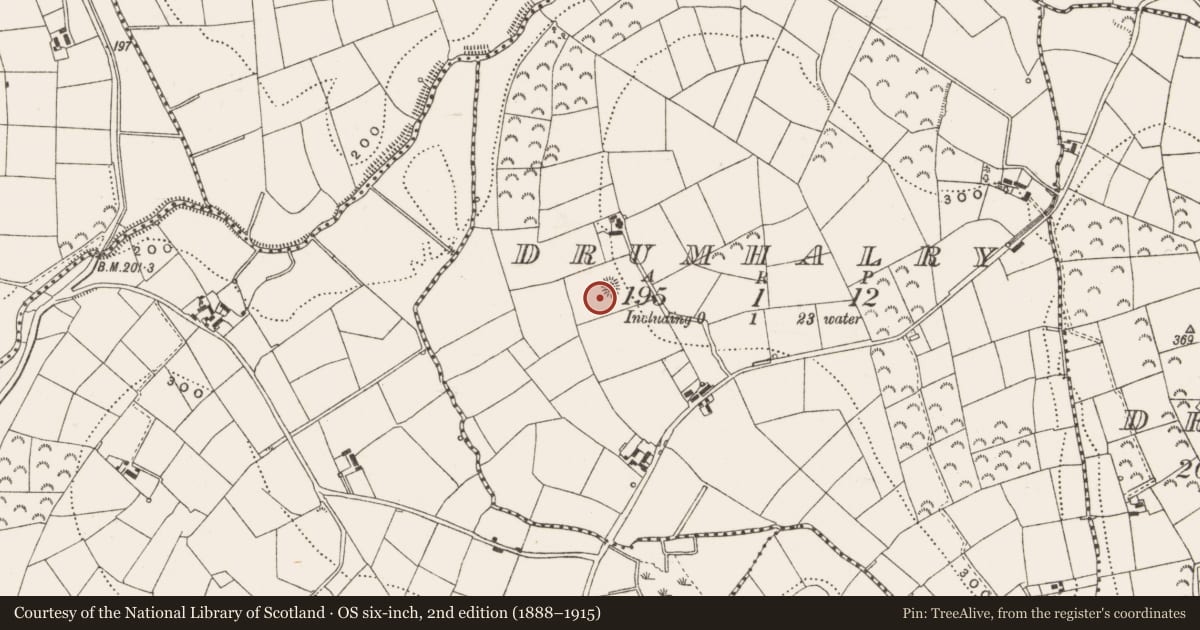 Ordnance Survey six-inch map, 2nd edition (1888–1915) covering the location of Enclosure, Drumhalry, County Leitrim, with a pin at the register's coordinates