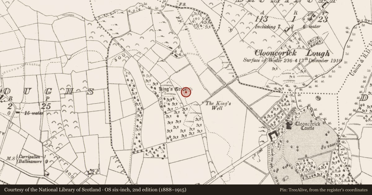 Ordnance Survey six-inch map, 2nd edition (1888–1915) covering the location of Standing stone - pair, Clooncorick, County Leitrim, with a pin at the register's coordinates