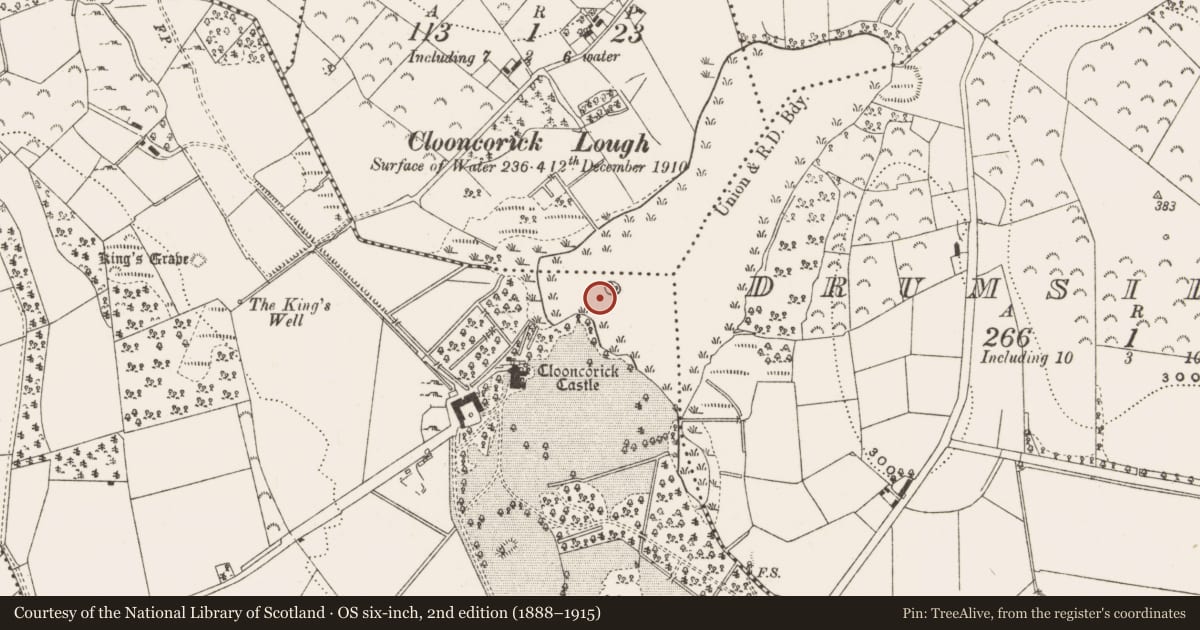 Ordnance Survey six-inch map, 2nd edition (1888–1915) covering the location of Crannog, Clooncorick, County Leitrim, with a pin at the register's coordinates