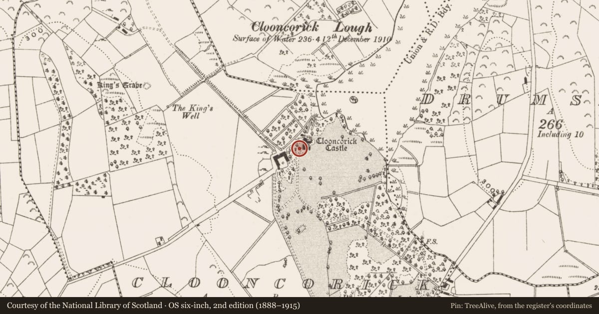 Ordnance Survey six-inch map, 2nd edition (1888–1915) covering the location of House - 16th/17th century, Clooncorick, County Leitrim, with a pin at the register's coordinates