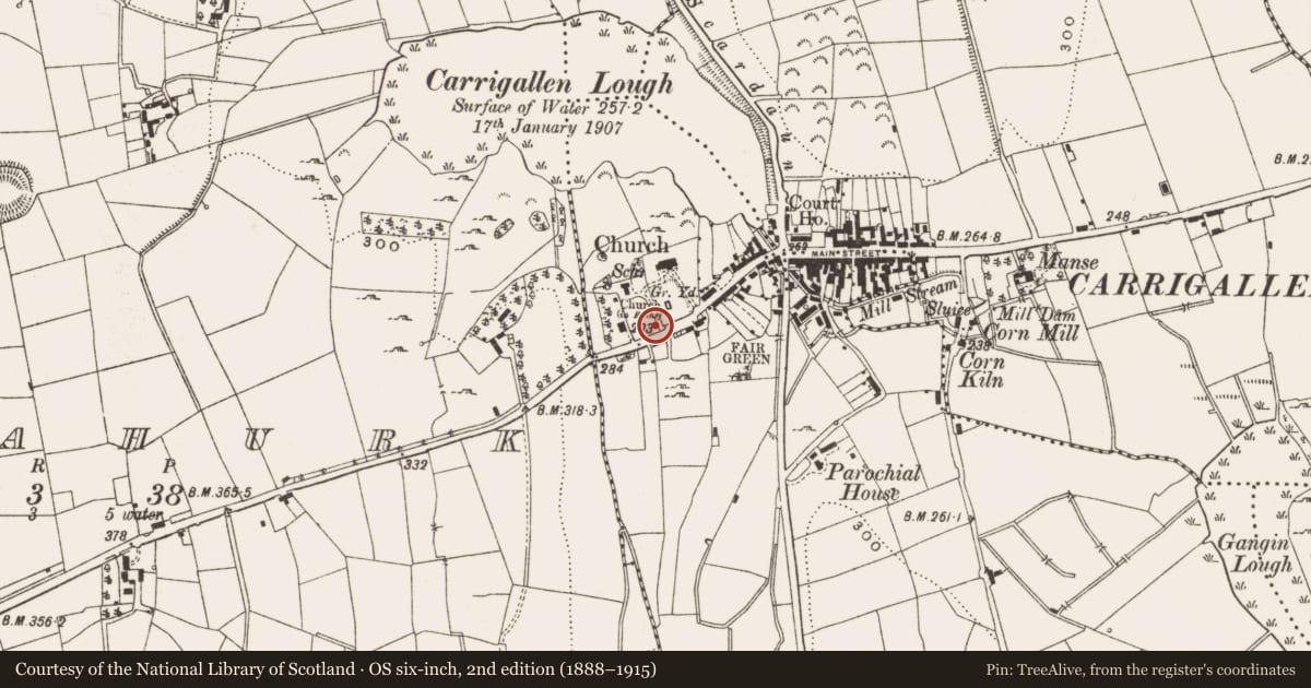 Ordnance Survey six-inch map, 2nd edition (1888–1915) covering the location of Graveyard, Bredagh, County Leitrim, with a pin at the register's coordinates
