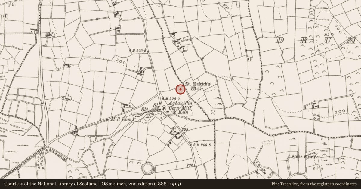 Ordnance Survey six-inch map, 2nd edition (1888–1915) covering the location of Ritual site - holy well, Aghawillin, County Leitrim, with a pin at the register's coordinates