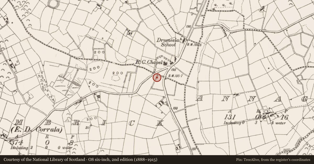 Ordnance Survey six-inch map, 2nd edition (1888–1915) covering the location of Mass-rock (present location), Drumeela, County Leitrim, with a pin at the register's coordinates