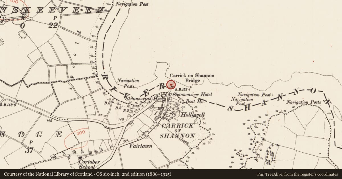 Ordnance Survey six-inch map, 2nd edition (1888–1915) covering the location of Bridge, Townparks, County Leitrim, with a pin at the register's coordinates