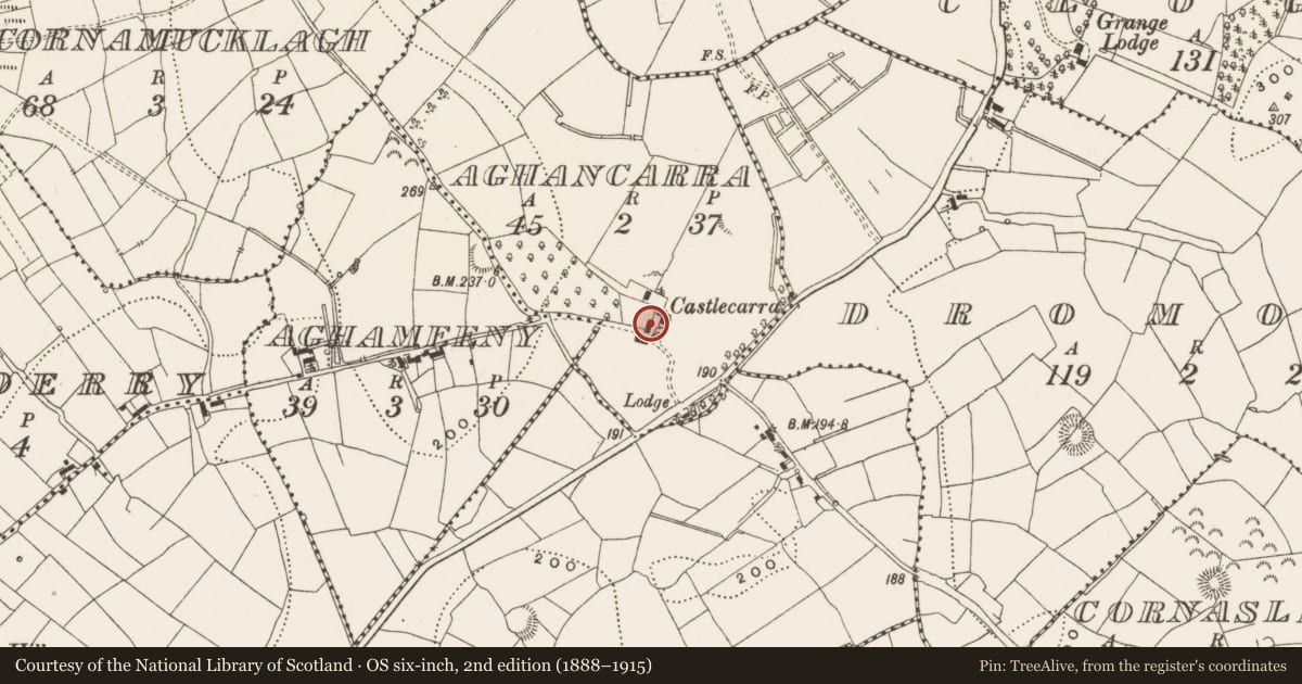 Ordnance Survey six-inch map, 2nd edition (1888–1915) covering the location of Castle - unclassified, Aghancarra, County Leitrim, with a pin at the register's coordinates