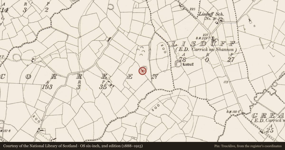 Ordnance Survey six-inch map, 2nd edition (1888–1915) covering the location of Ringfort - rath, Correen, County Leitrim, with a pin at the register's coordinates