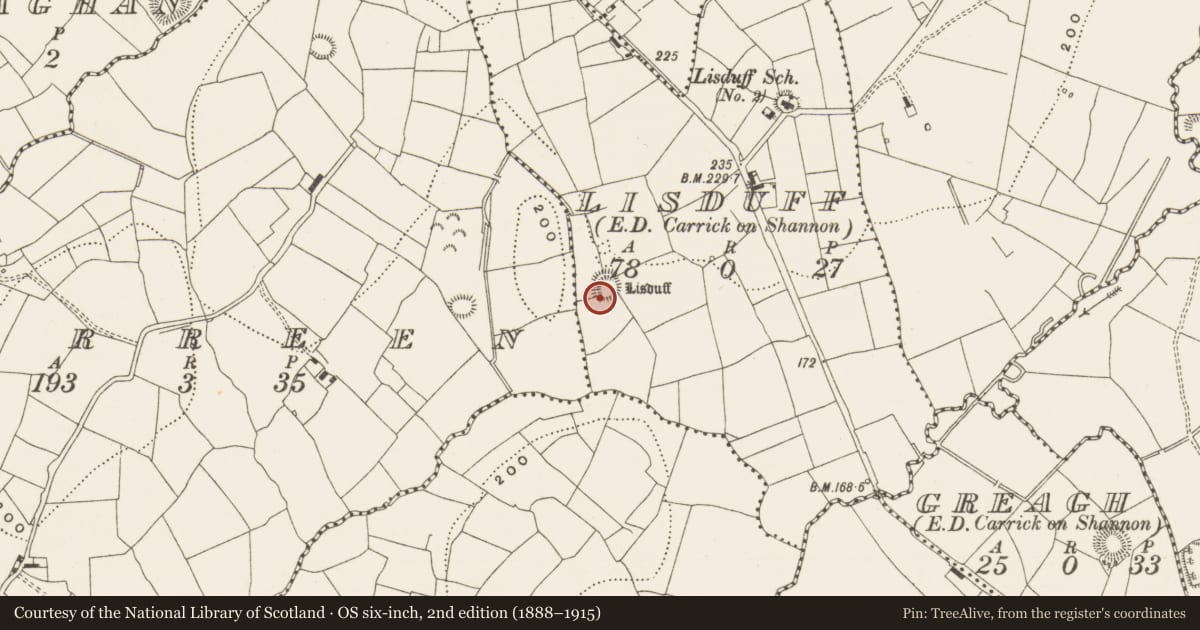 Ordnance Survey six-inch map, 2nd edition (1888–1915) covering the location of Ringfort - rath, Lisduff, County Leitrim, with a pin at the register's coordinates