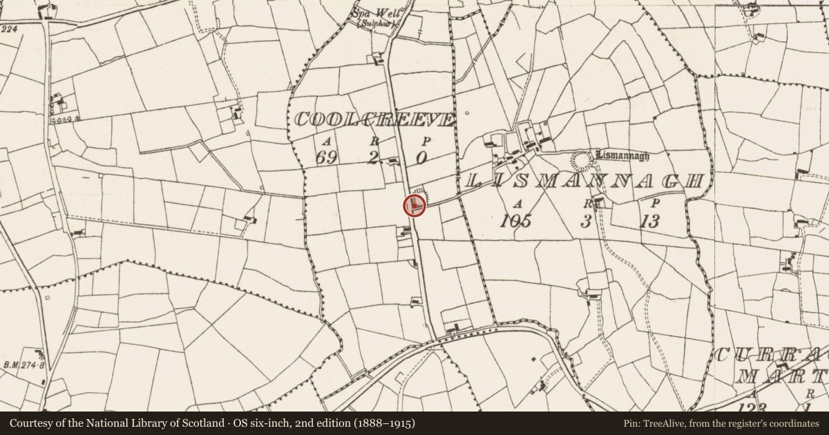 Ordnance Survey six-inch map, 2nd edition (1888–1915) covering the location of Ringfort - rath, Coolcreeve, County Leitrim, with a pin at the register's coordinates