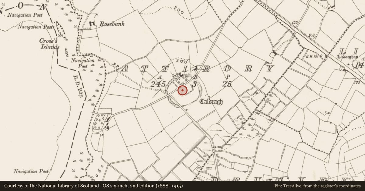 Ordnance Survey six-inch map, 2nd edition (1888–1915) covering the location of Burial ground, Attirory, County Leitrim, with a pin at the register's coordinates