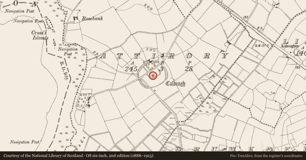 Ordnance Survey six-inch map, 2nd edition (1888–1915) covering the location of Ecclesiastical enclosure, Attirory, County Leitrim, with a pin at the register's coordinates