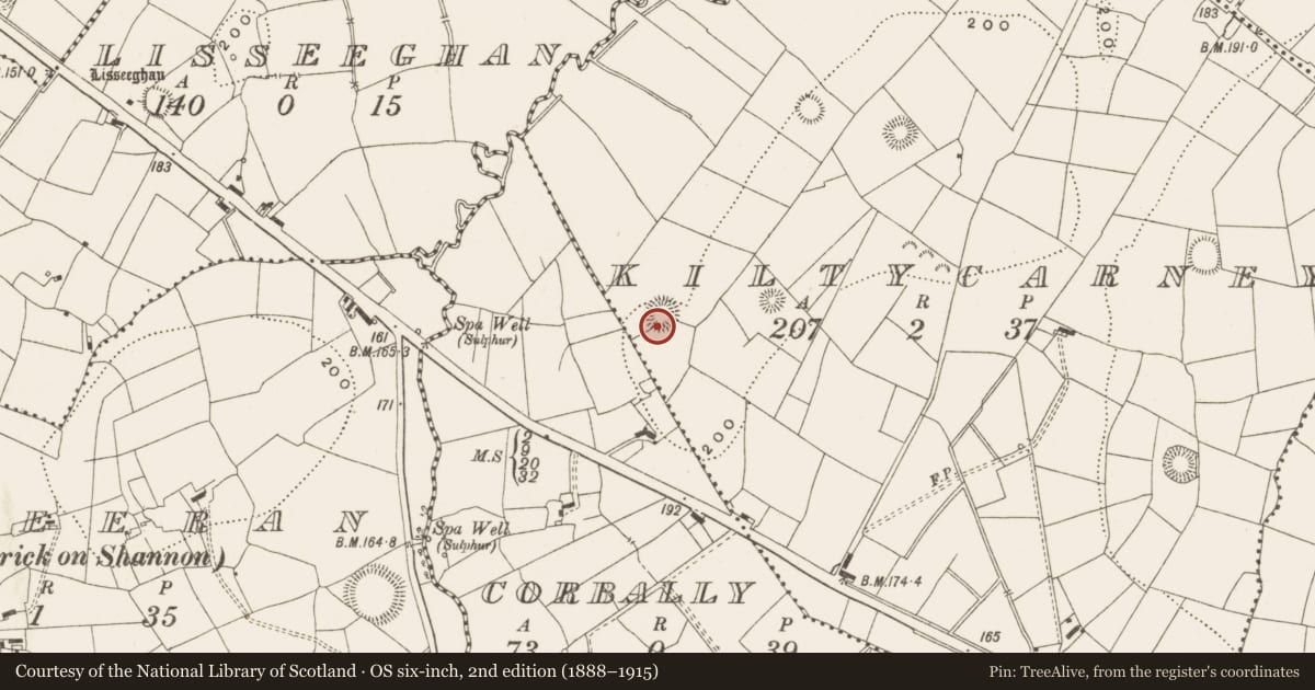 Ordnance Survey six-inch map, 2nd edition (1888–1915) covering the location of Ringfort - rath, Kiltycarney, County Leitrim, with a pin at the register's coordinates