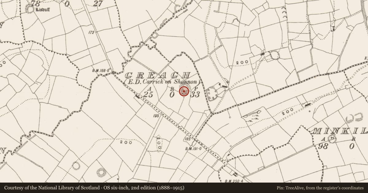 Ordnance Survey six-inch map, 2nd edition (1888–1915) covering the location of Ringfort - rath, Greagh, County Leitrim, with a pin at the register's coordinates