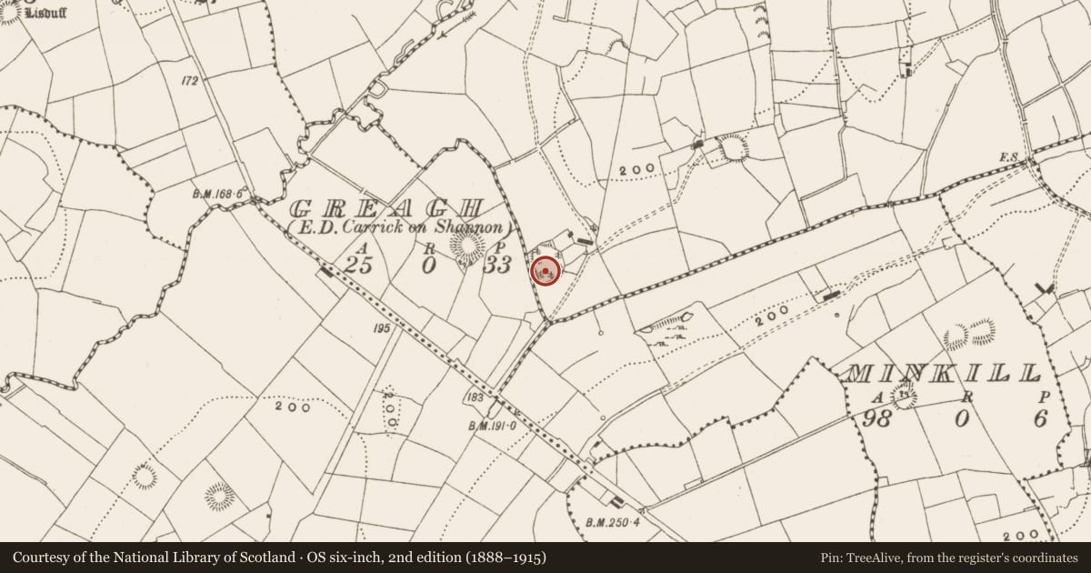 Ordnance Survey six-inch map, 2nd edition (1888–1915) covering the location of Ringfort - rath, Aughriman South, County Leitrim, with a pin at the register's coordinates