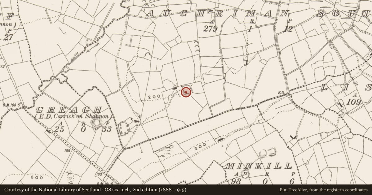 Ordnance Survey six-inch map, 2nd edition (1888–1915) covering the location of Ringfort - rath, Aughriman South, County Leitrim, with a pin at the register's coordinates