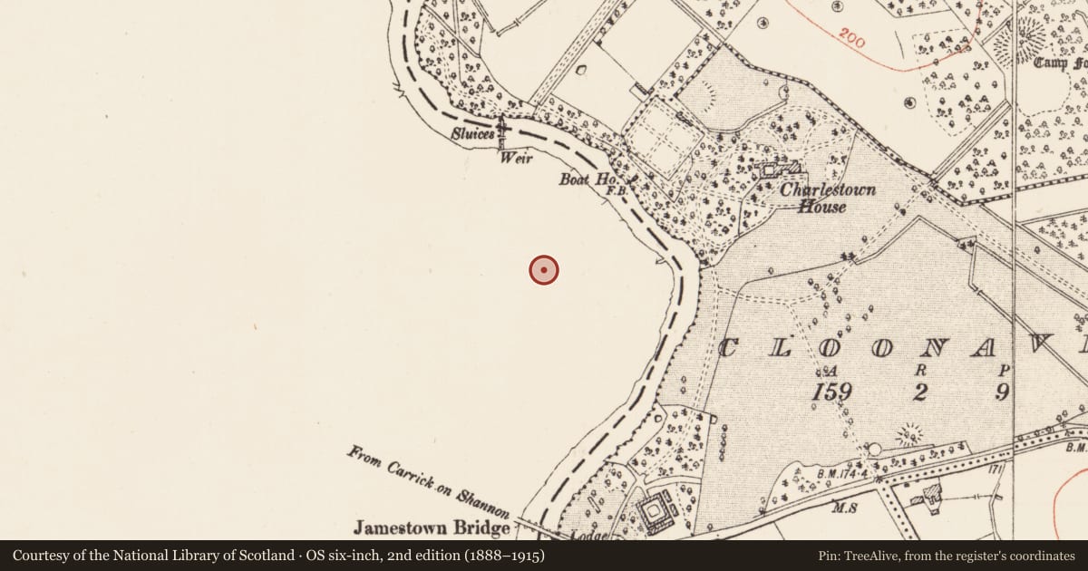 Ordnance Survey six-inch map, 2nd edition (1888–1915) covering the location of Historic town, Jamestown, County Leitrim, with a pin at the register's coordinates