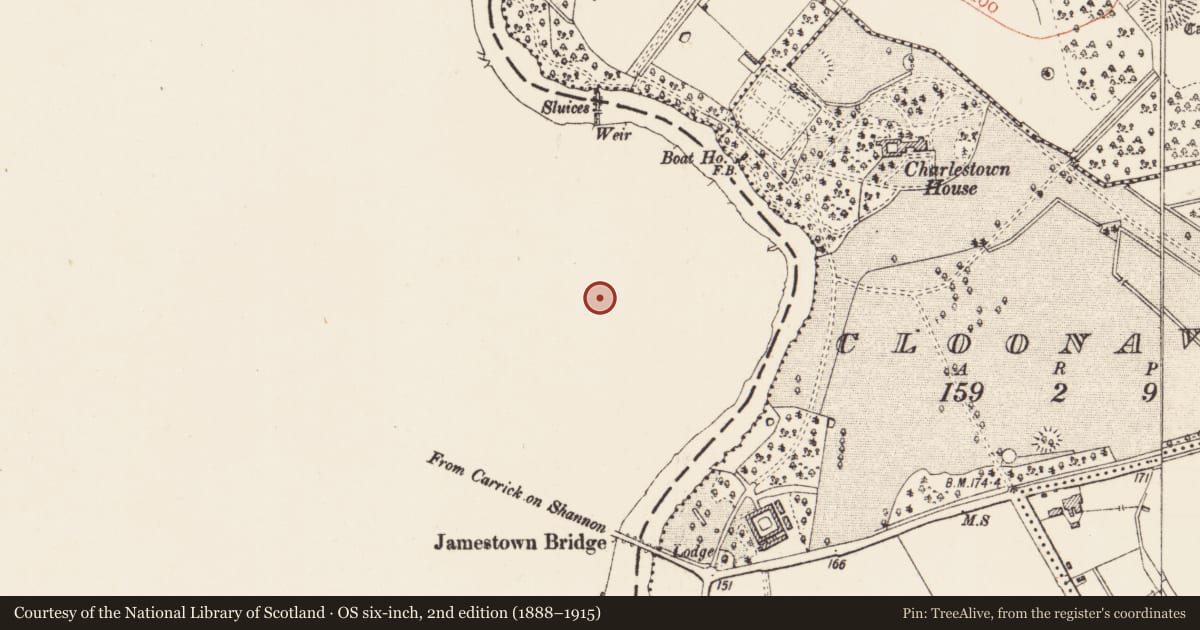 Ordnance Survey six-inch map, 2nd edition (1888–1915) covering the location of Town defences, Jamestown, County Leitrim, with a pin at the register's coordinates