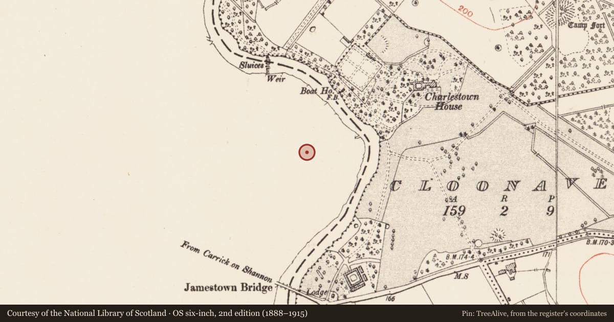 Ordnance Survey six-inch map, 2nd edition (1888–1915) covering the location of Religious house - Franciscan friars, Jamestown, County Leitrim, with a pin at the register's coordinates