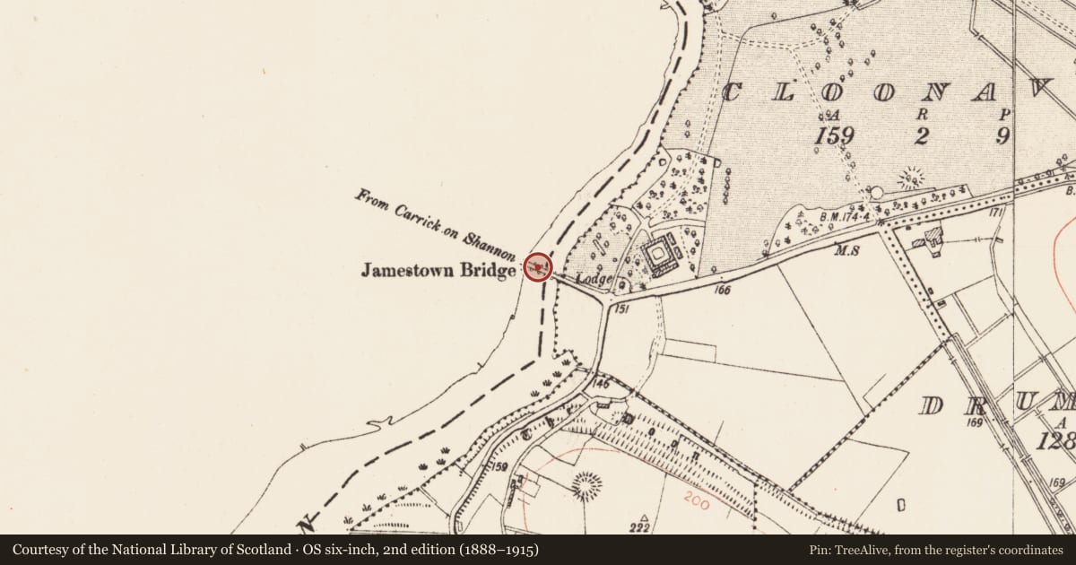 Ordnance Survey six-inch map, 2nd edition (1888–1915) covering the location of Bridge, Jamestown, County Leitrim, with a pin at the register's coordinates