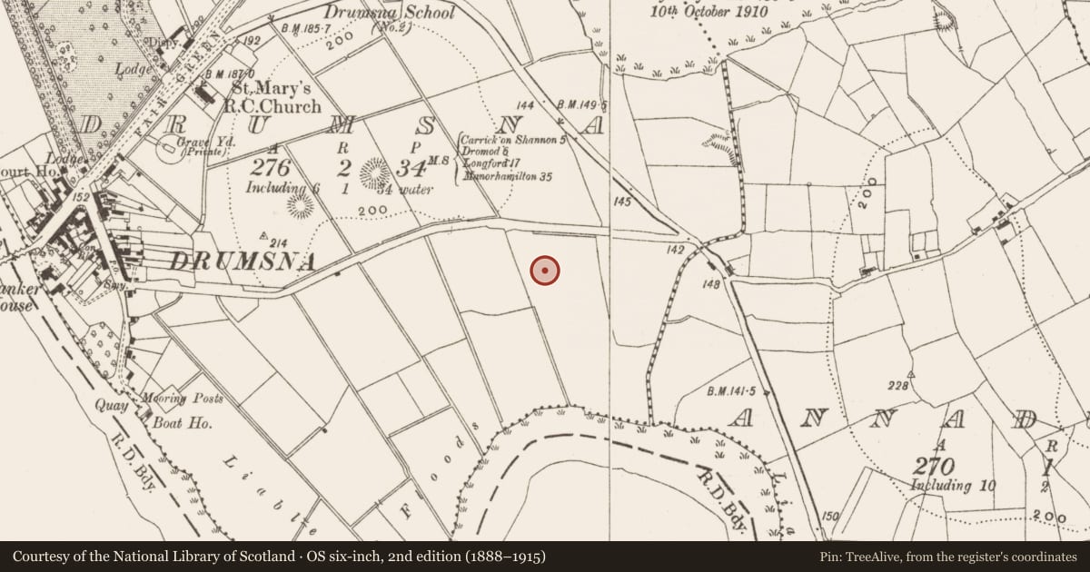 Ordnance Survey six-inch map, 2nd edition (1888–1915) covering the location of Ringfort - rath, Drumsna, County Leitrim, with a pin at the register's coordinates