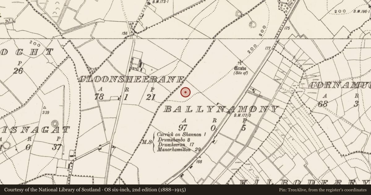 Ordnance Survey six-inch map, 2nd edition (1888–1915) covering the location of Ringfort - rath, Ballynamony, County Leitrim, with a pin at the register's coordinates
