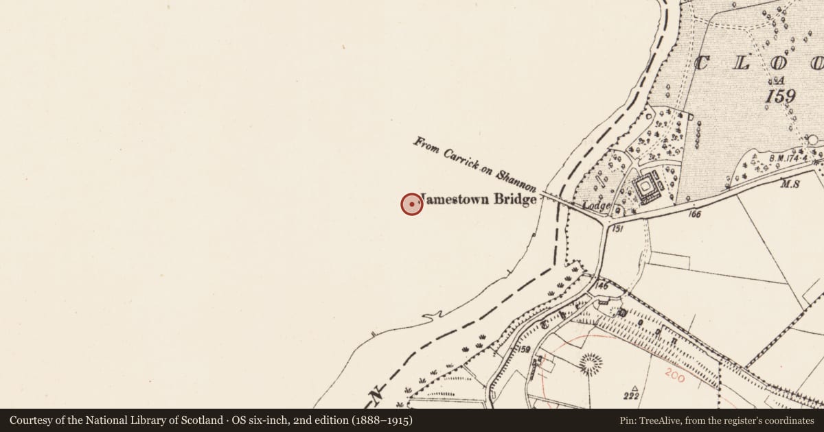 Ordnance Survey six-inch map, 2nd edition (1888–1915) covering the location of Enclosure, Jamestown, County Leitrim, with a pin at the register's coordinates