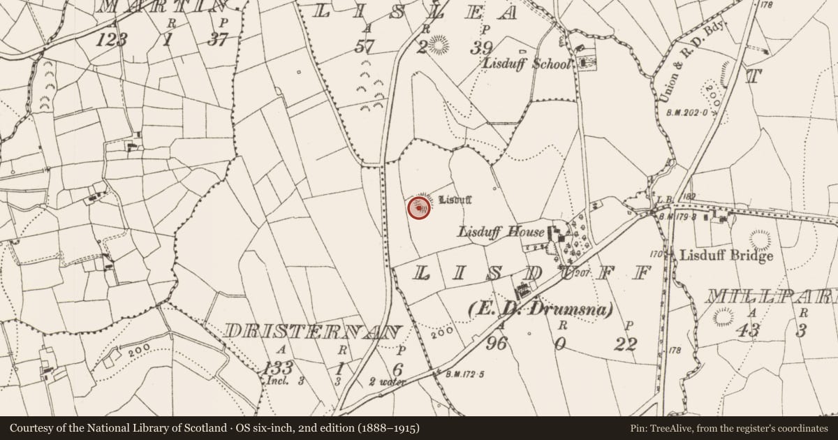 Ordnance Survey six-inch map, 2nd edition (1888–1915) covering the location of Ringfort - rath, Lisduff, County Leitrim, with a pin at the register's coordinates