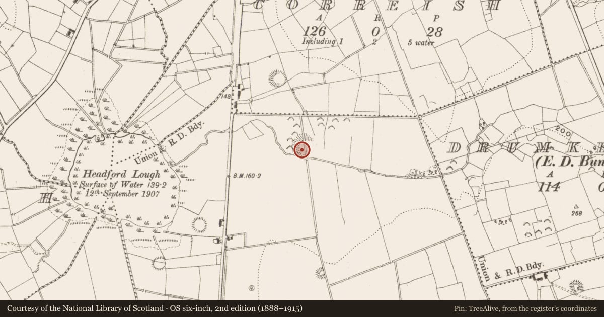 Ordnance Survey six-inch map, 2nd edition (1888–1915) covering the location of Ringfort - rath, Headford, County Leitrim, with a pin at the register's coordinates
