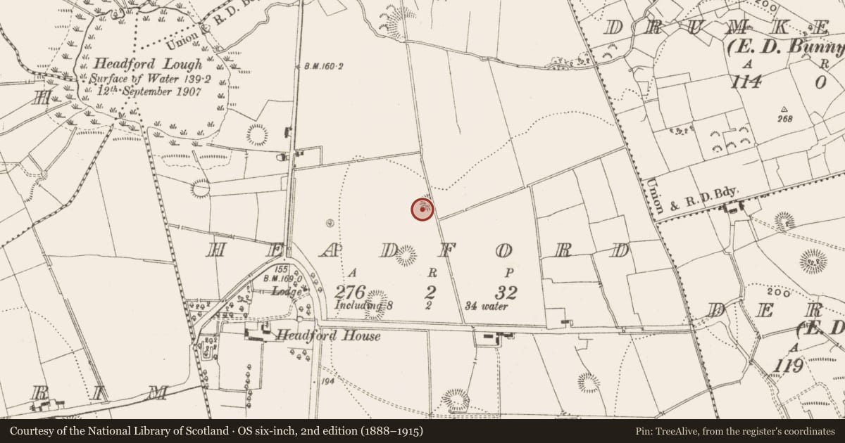 Ordnance Survey six-inch map, 2nd edition (1888–1915) covering the location of Ringfort - rath, Headford, County Leitrim, with a pin at the register's coordinates
