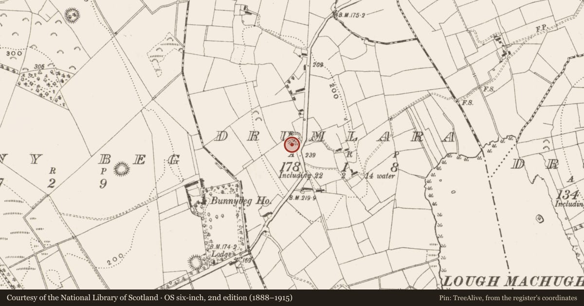 Ordnance Survey six-inch map, 2nd edition (1888–1915) covering the location of Ringfort - rath, Drumlara, County Leitrim, with a pin at the register's coordinates