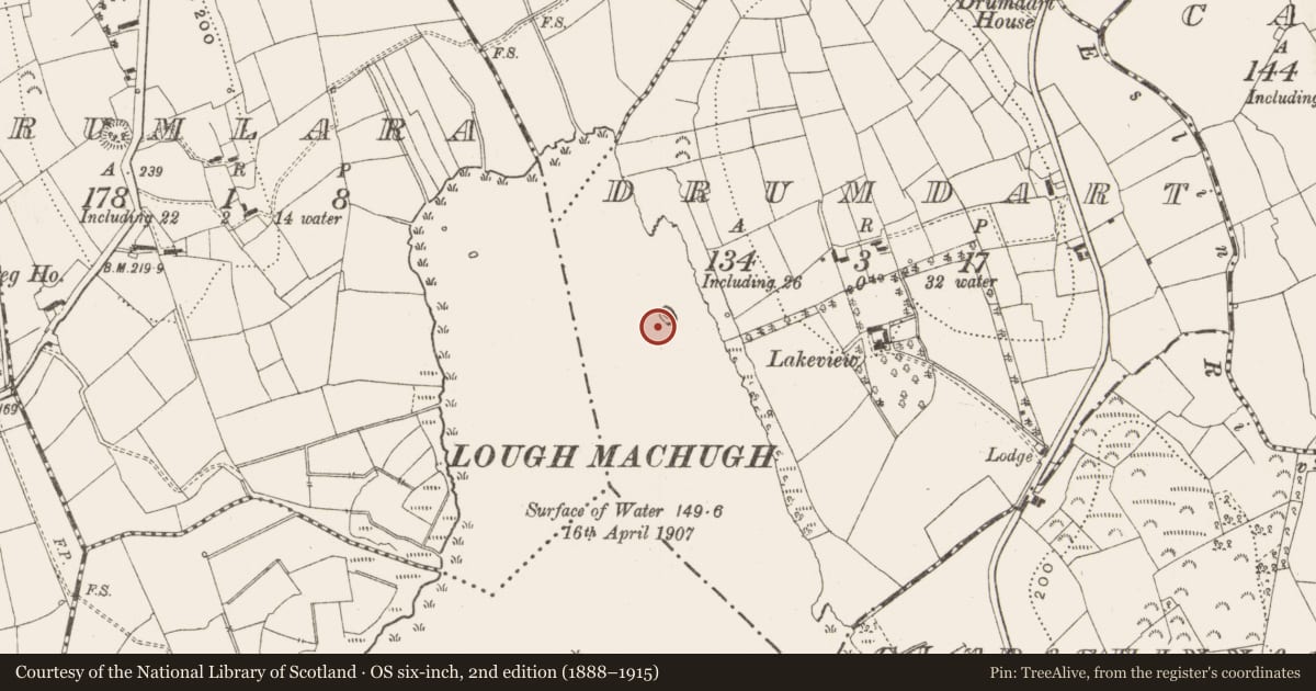 Ordnance Survey six-inch map, 2nd edition (1888–1915) covering the location of Crannog, Drumdart, County Leitrim, with a pin at the register's coordinates