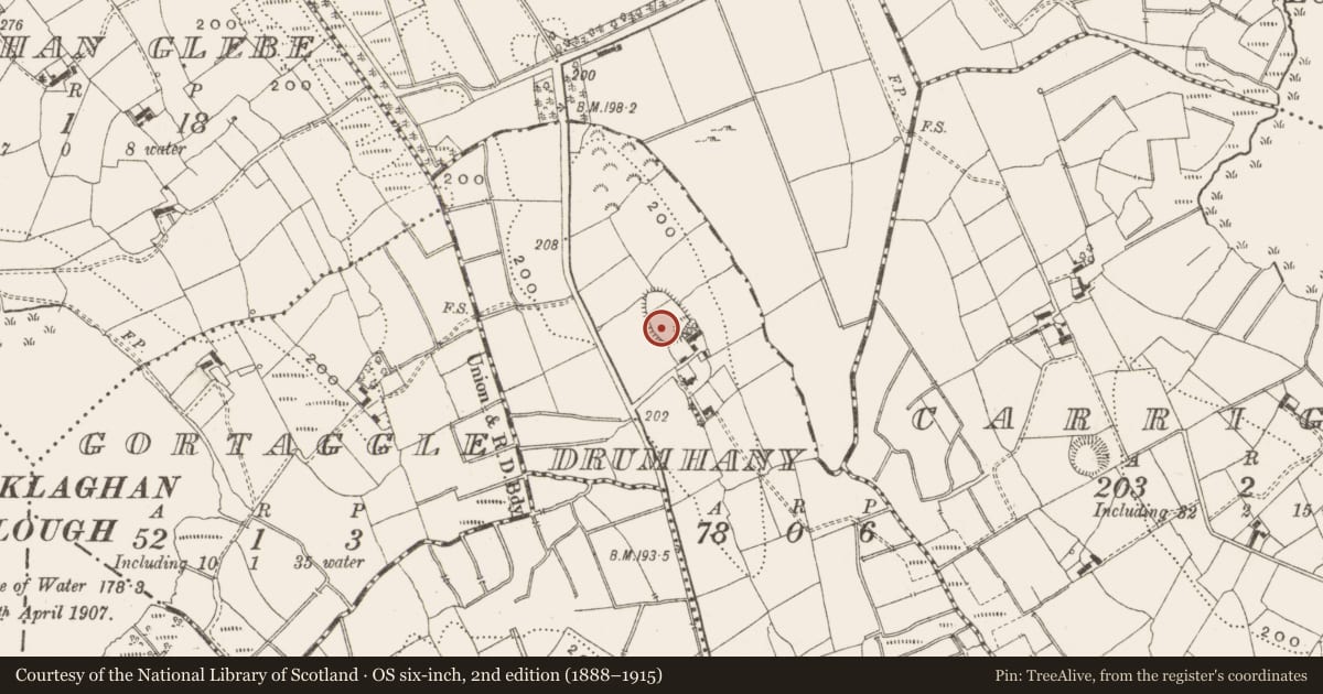 Ordnance Survey six-inch map, 2nd edition (1888–1915) covering the location of Enclosure, Drumhany, County Leitrim, with a pin at the register's coordinates