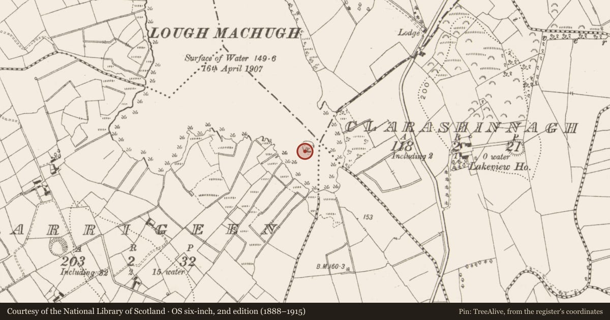 Ordnance Survey six-inch map, 2nd edition (1888–1915) covering the location of Crannog, Carrigeen, County Leitrim, with a pin at the register's coordinates