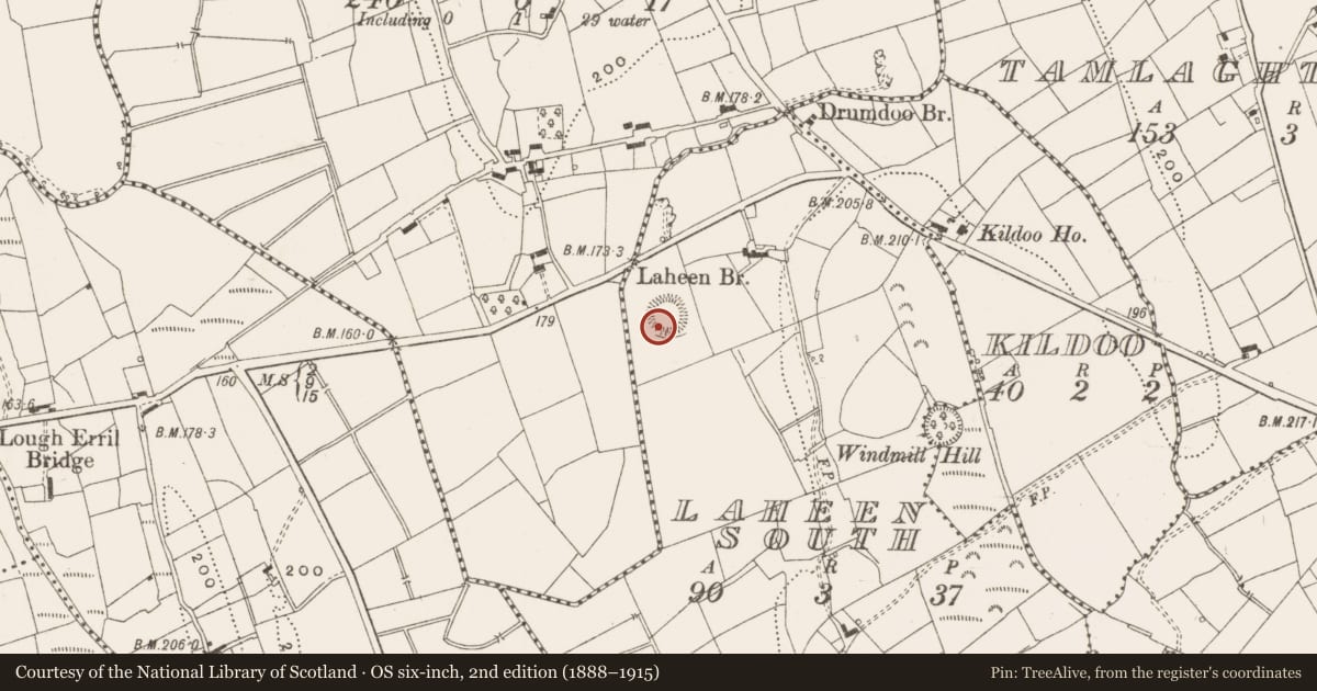Ordnance Survey six-inch map, 2nd edition (1888–1915) covering the location of Ringfort - rath, Laheen South, County Leitrim, with a pin at the register's coordinates