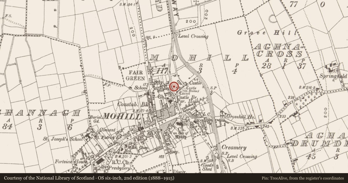 Ordnance Survey six-inch map, 2nd edition (1888–1915) covering the location of Bawn, Mohill, County Leitrim, with a pin at the register's coordinates