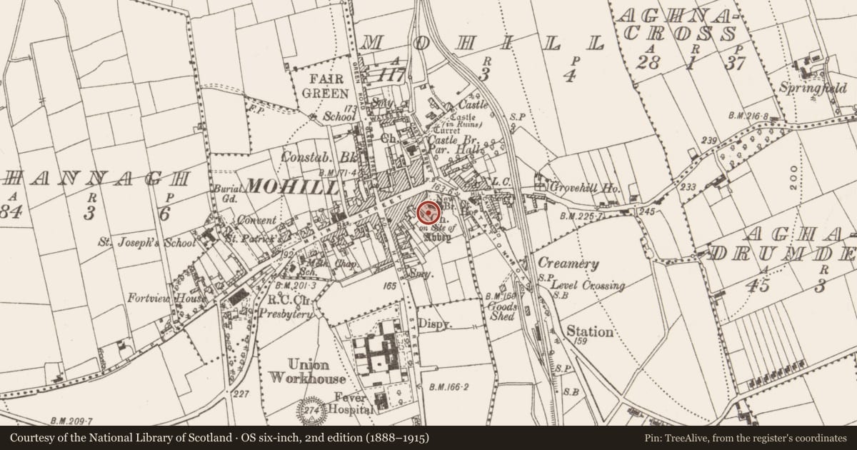 Ordnance Survey six-inch map, 2nd edition (1888–1915) covering the location of Religious house - Augustinian canons, Mohill, County Leitrim, with a pin at the register's coordinates