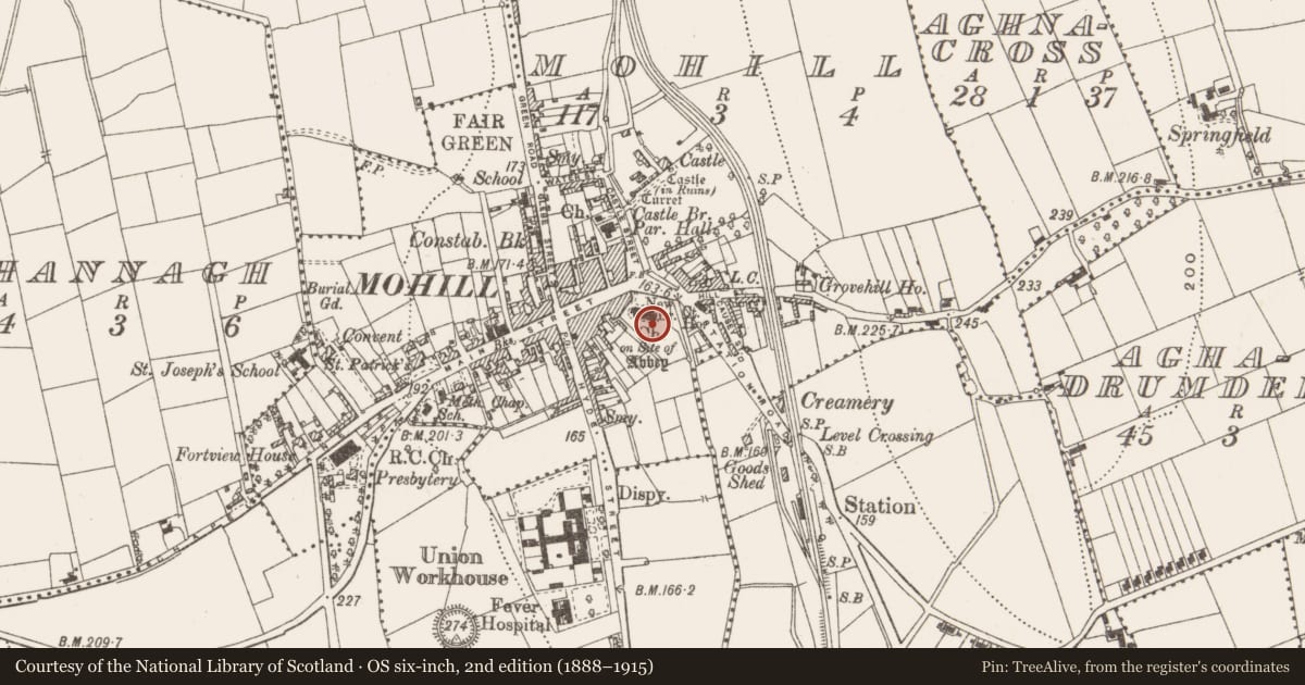 Ordnance Survey six-inch map, 2nd edition (1888–1915) covering the location of Tomb - unclassified, Mohill, County Leitrim, with a pin at the register's coordinates