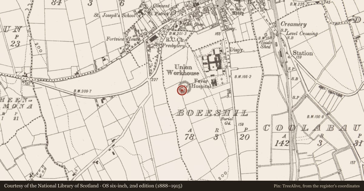 Ordnance Survey six-inch map, 2nd edition (1888–1915) covering the location of Ringfort - rath, Boeeshil, County Leitrim, with a pin at the register's coordinates