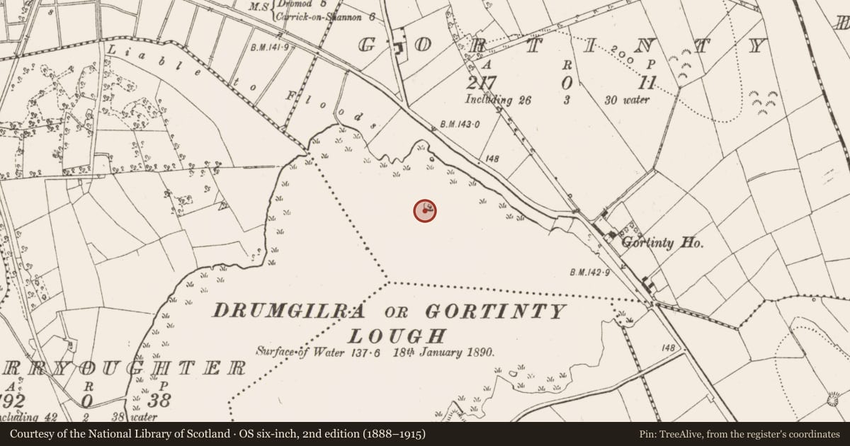Ordnance Survey six-inch map, 2nd edition (1888–1915) covering the location of Crannog, Gortinty, County Leitrim, with a pin at the register's coordinates