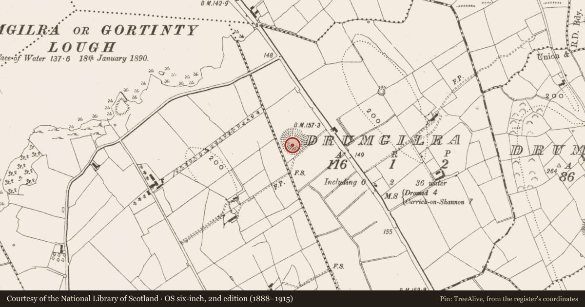 Ordnance Survey six-inch map, 2nd edition (1888–1915) covering the location of Ringfort - rath, Drumgilra, County Leitrim, with a pin at the register's coordinates