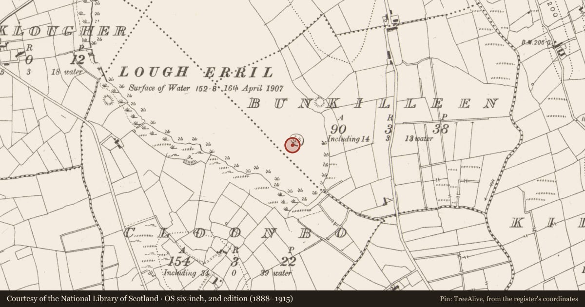 Ordnance Survey six-inch map, 2nd edition (1888–1915) covering the location of Crannog, Bunkilleen, County Leitrim, with a pin at the register's coordinates