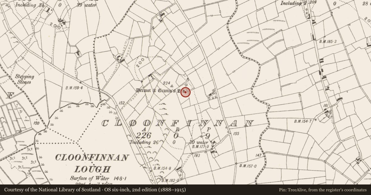 Ordnance Survey six-inch map, 2nd edition (1888–1915) covering the location of Megalithic tomb - portal tomb, Cloonfinnan, County Leitrim, with a pin at the register's coordinates