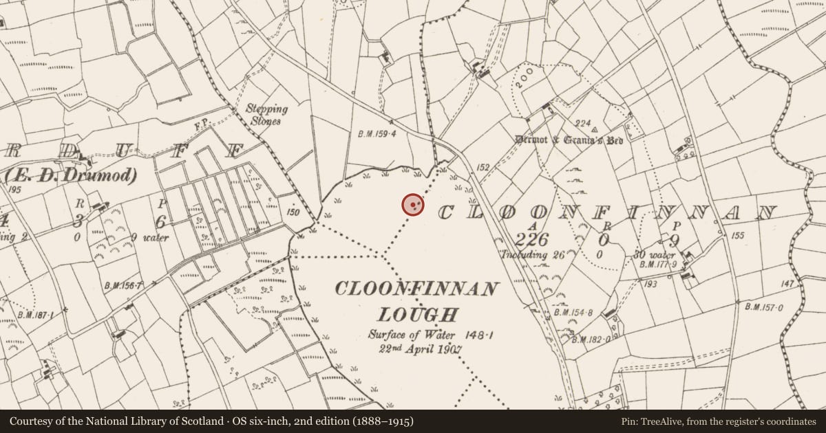 Ordnance Survey six-inch map, 2nd edition (1888–1915) covering the location of Crannog, Cloonbo, Cloonfinnan, County Leitrim, with a pin at the register's coordinates