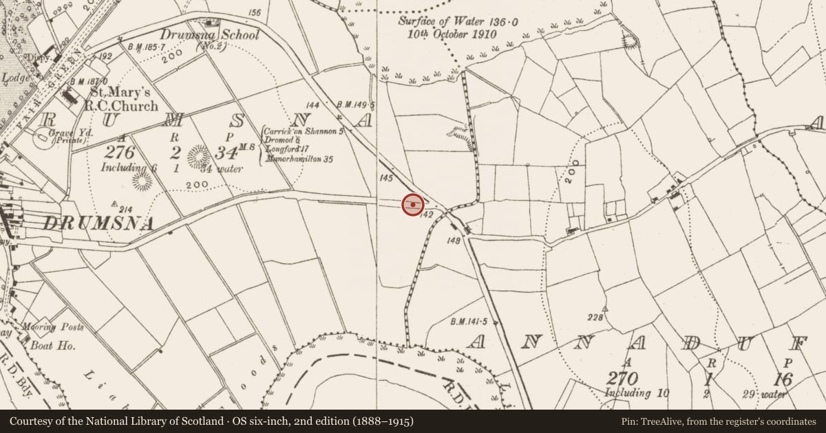 Ordnance Survey six-inch map, 2nd edition (1888–1915) covering the location of Fulacht fia, Drumsna, County Leitrim, with a pin at the register's coordinates