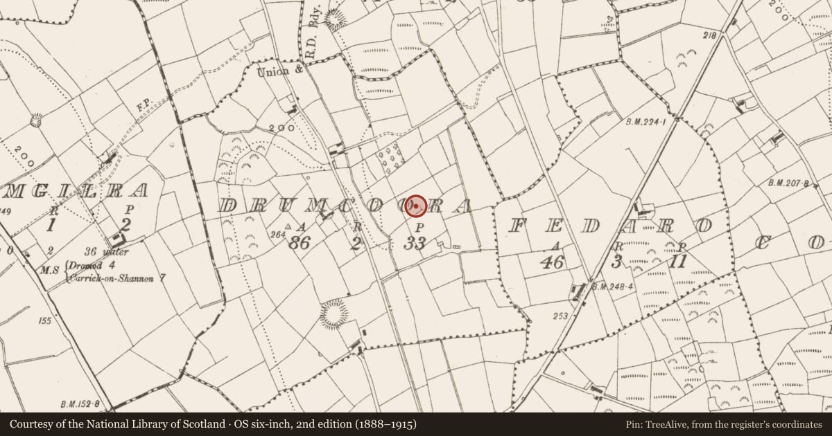 Ordnance Survey six-inch map, 2nd edition (1888–1915) covering the location of Ringfort - rath, Drumcoora, County Leitrim, with a pin at the register's coordinates