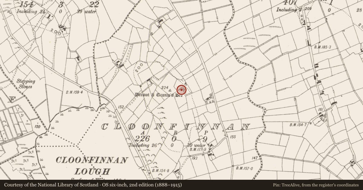 Ordnance Survey six-inch map, 2nd edition (1888–1915) covering the location of Sweathouse, Cloonfinnan, County Leitrim, with a pin at the register's coordinates
