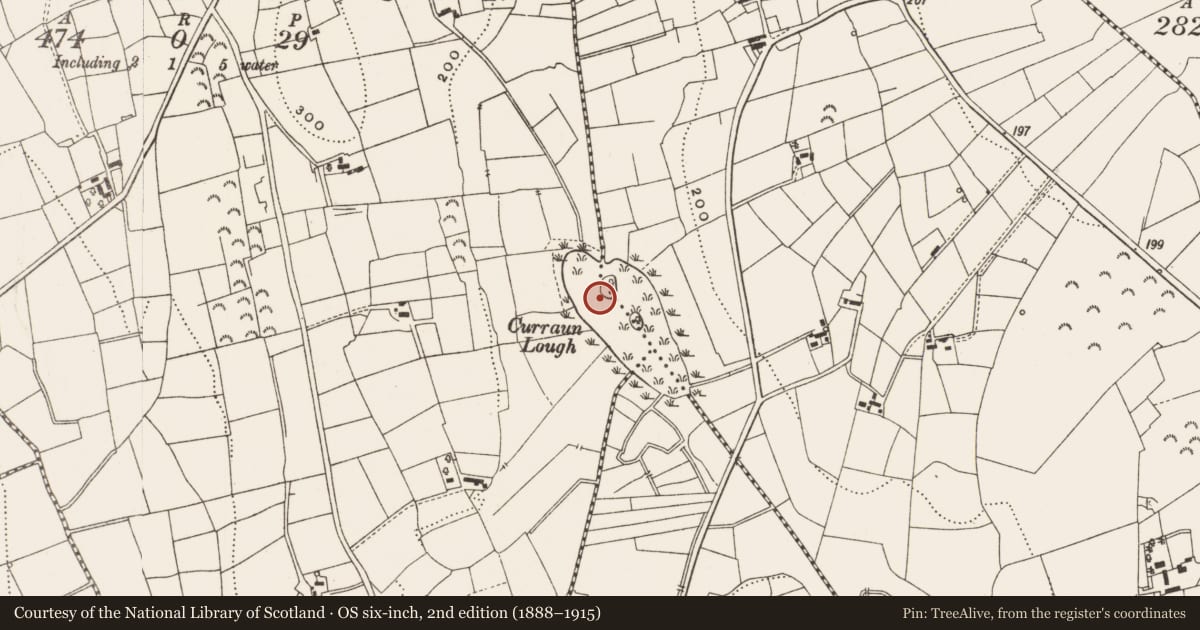 Ordnance Survey six-inch map, 2nd edition (1888–1915) covering the location of Crannog, Curraun, Drumgowla, County Leitrim, with a pin at the register's coordinates