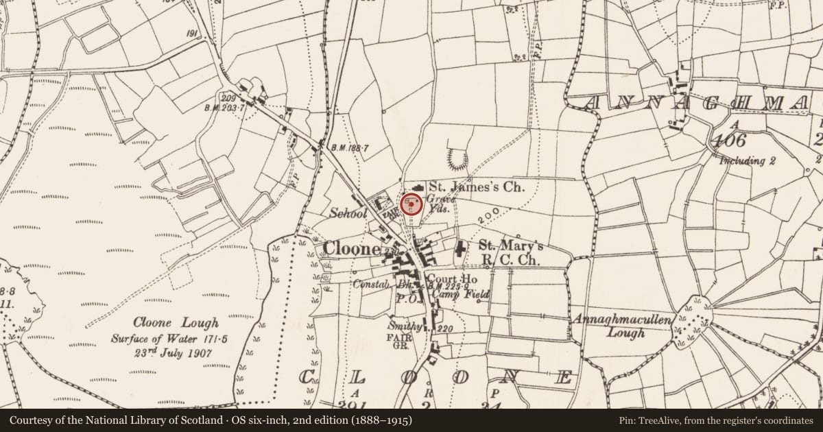 Ordnance Survey six-inch map, 2nd edition (1888–1915) covering the location of Church, Cloone, County Leitrim, with a pin at the register's coordinates